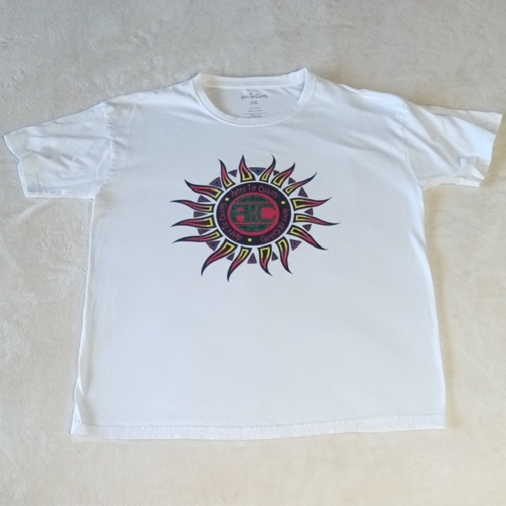 Alice In Chains Sunburst Logo White Cotton Tee-Shirt, Size XXL, Gently Worn